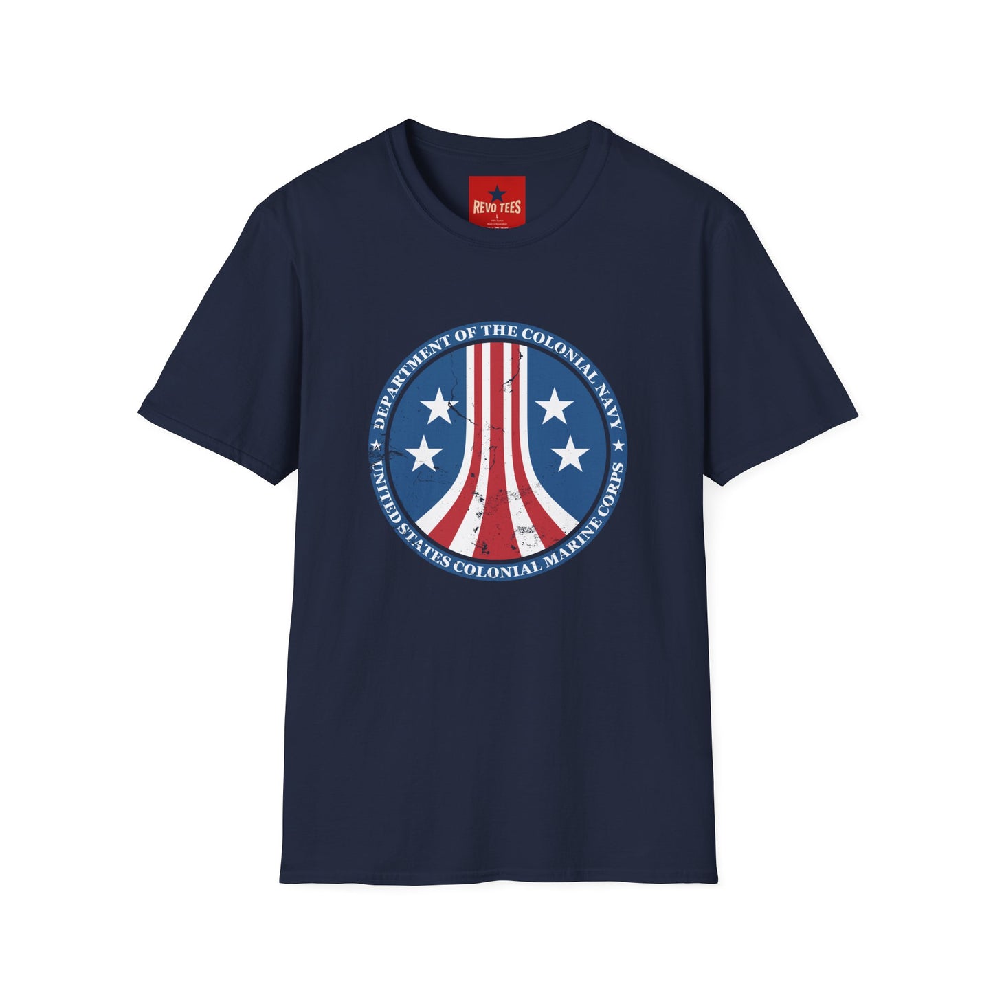 Colonial Navy Vintage Seal T‑Shirt — Patriotic Stars & Stripes Graphic