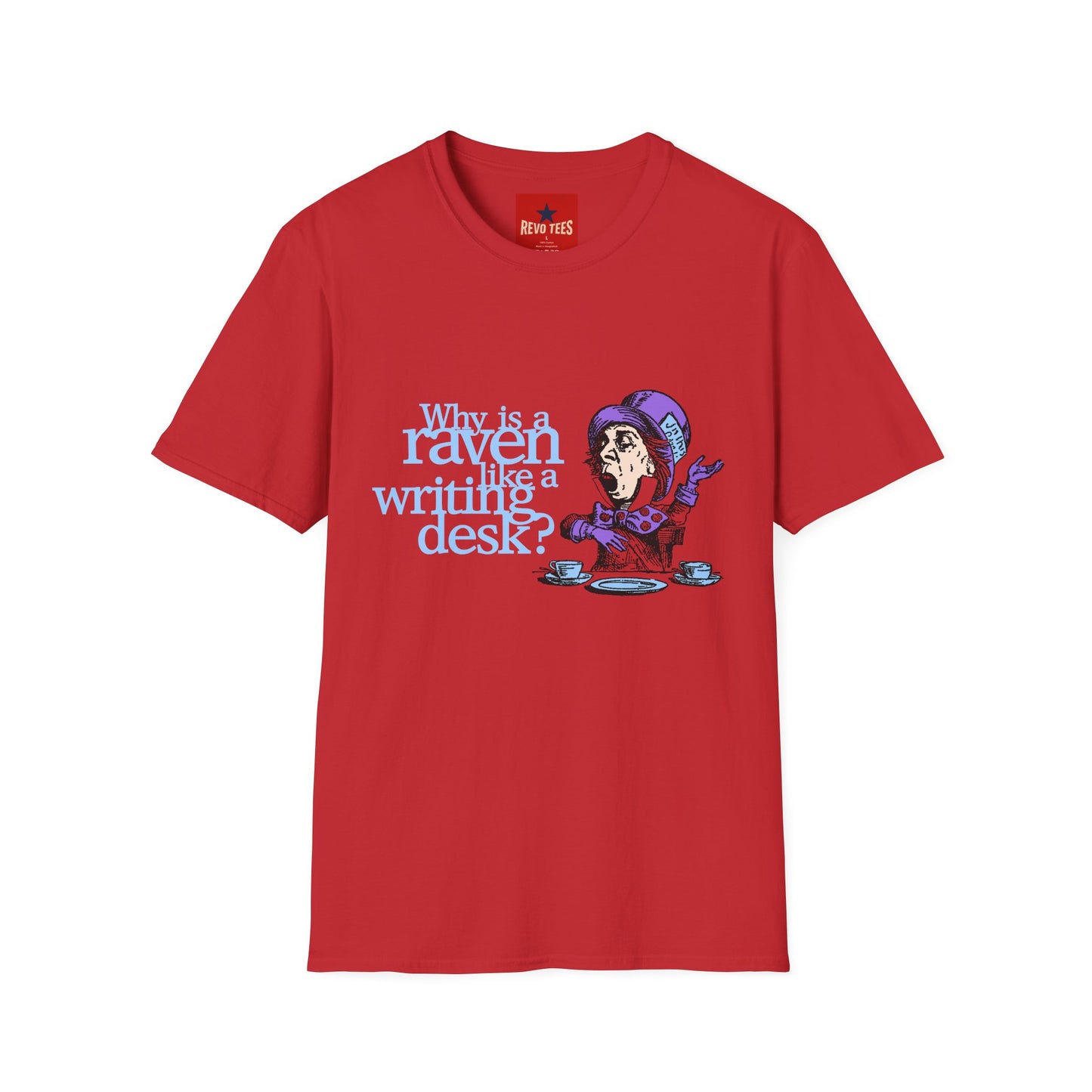 Why Is a Raven Like a Writing Desk? T-Shirt — Alice in Wonderland Mad Hatter Illustration