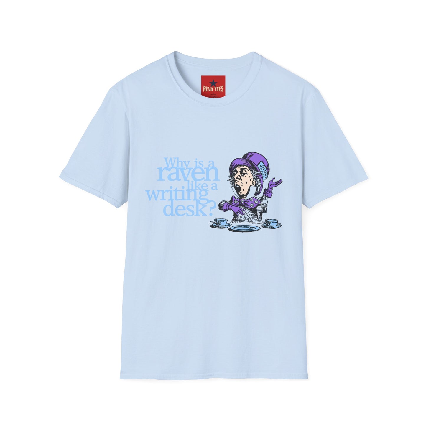 Why Is a Raven Like a Writing Desk? T-Shirt — Alice in Wonderland Mad Hatter Illustration
