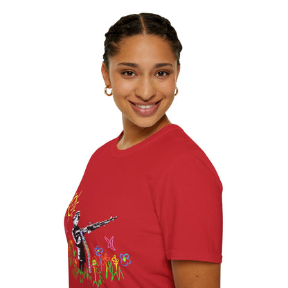 T-Shirt — Banksy Style Soldier with Childlike Doodle Flowers