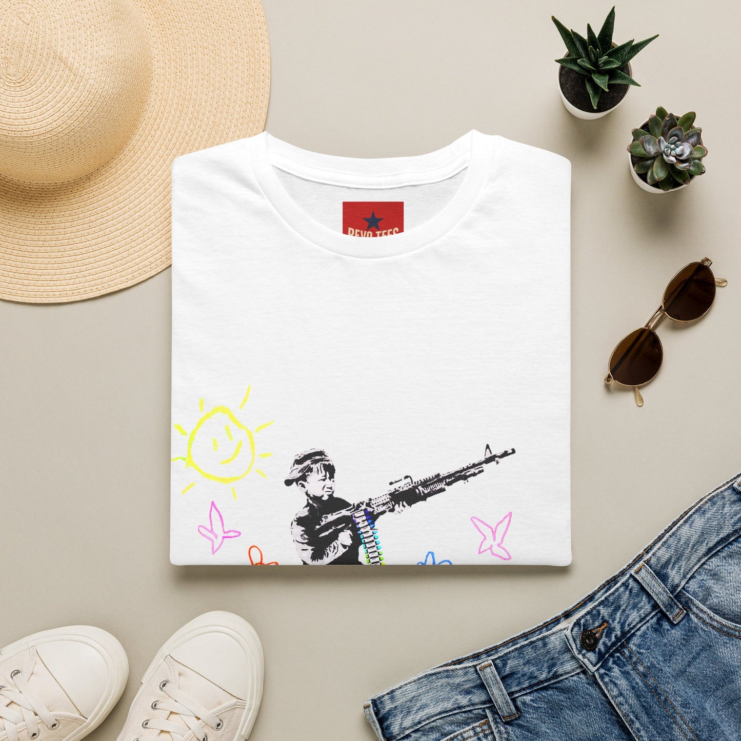 T-Shirt — Banksy Style Soldier with Childlike Doodle Flowers
