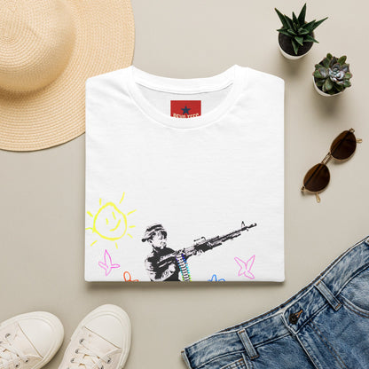 T-Shirt — Banksy Style Soldier with Childlike Doodle Flowers