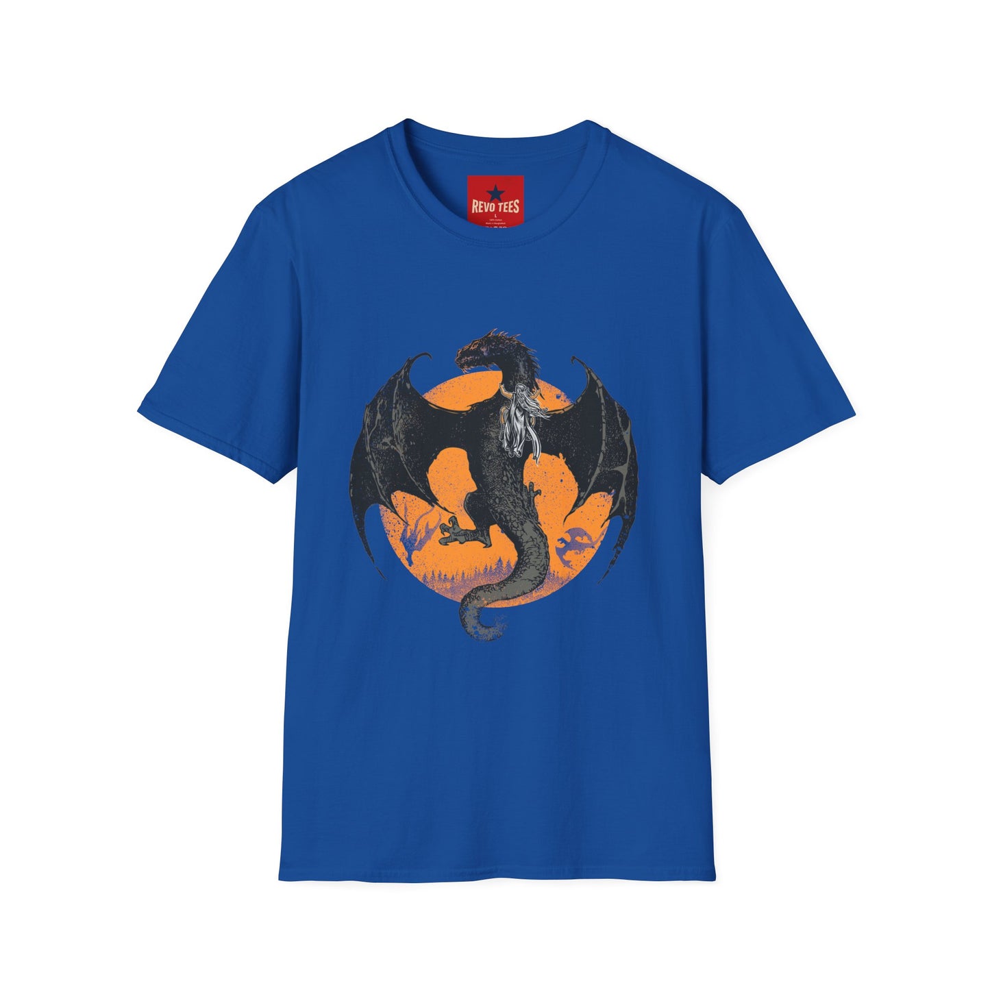 Dragon Moon T-Shirt — Black Dragon Silhouette with Orange Moon