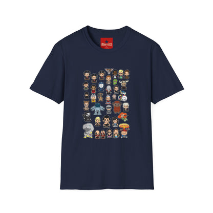 Cute Chibi Characters Crewneck T‑Shirt — Cartoon Character Grid Tee