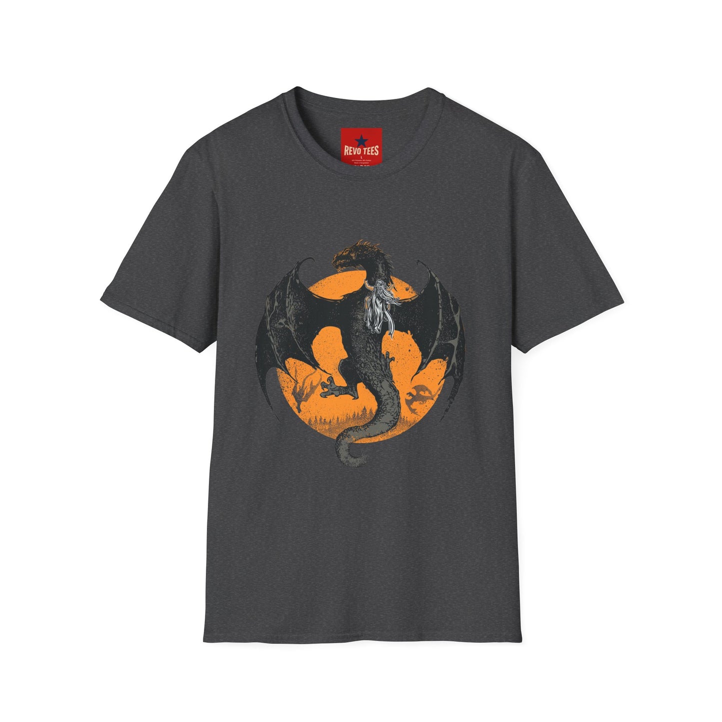 Dragon Moon T-Shirt — Black Dragon Silhouette with Orange Moon