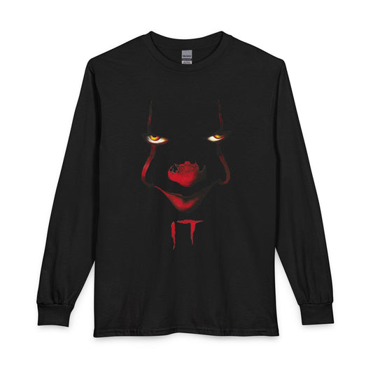 Horror Clown Face Long Sleeve Tee – 'IT' Pennywise Minimalist Graphic
