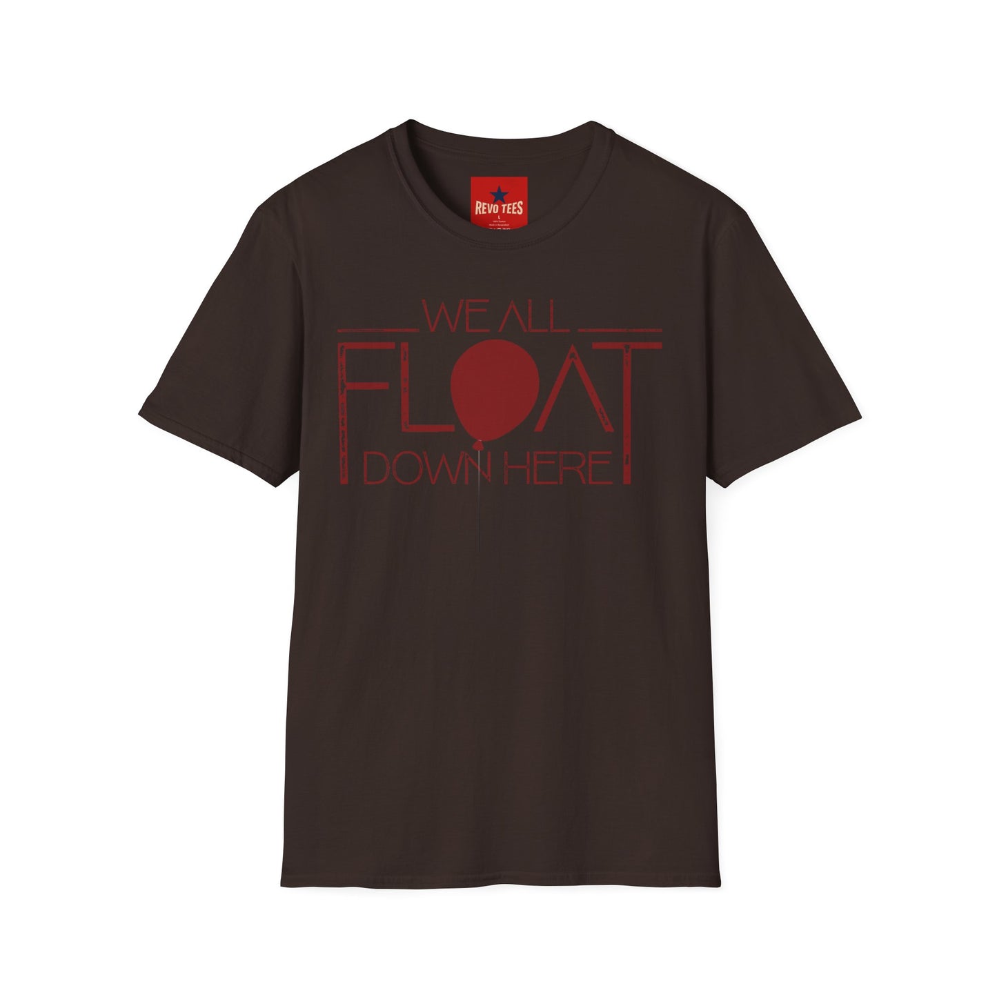 We All Float Down Here T-Shirt — Horror Pennywise Balloon Graphic Tee
