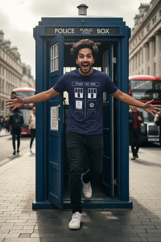 Police Box T‑Shirt — Retro Sci‑Fi TARDIS Door Graphic Tee
