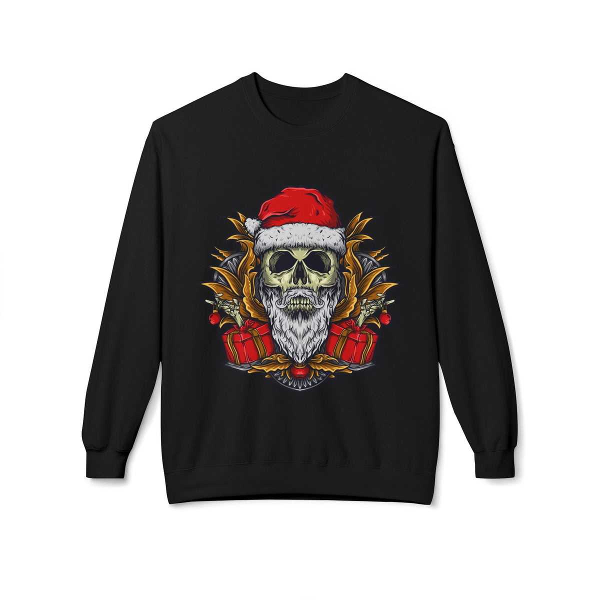 Skull Santa — Edgy Christmas Skull with Santa Hat and Gifts Crewneck Sweatshirt