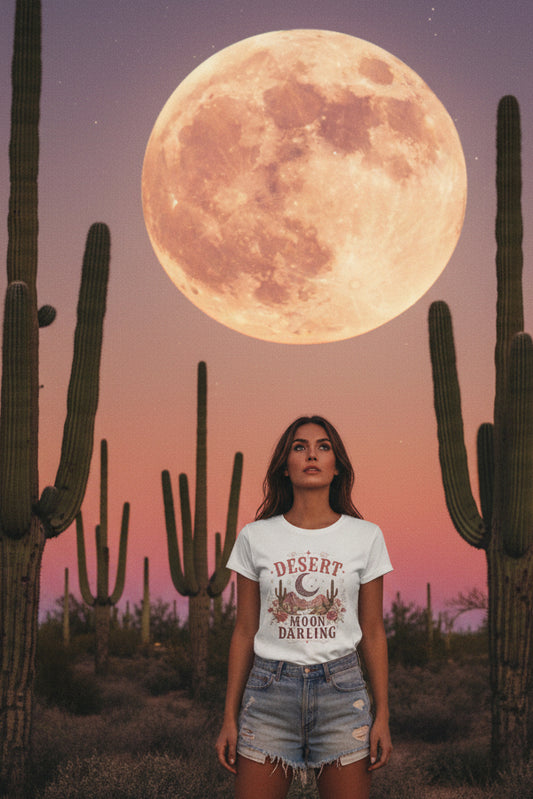 Desert Moon Darling Tee — Women's Boho Moon & Cactus Graphic T-Shirt
