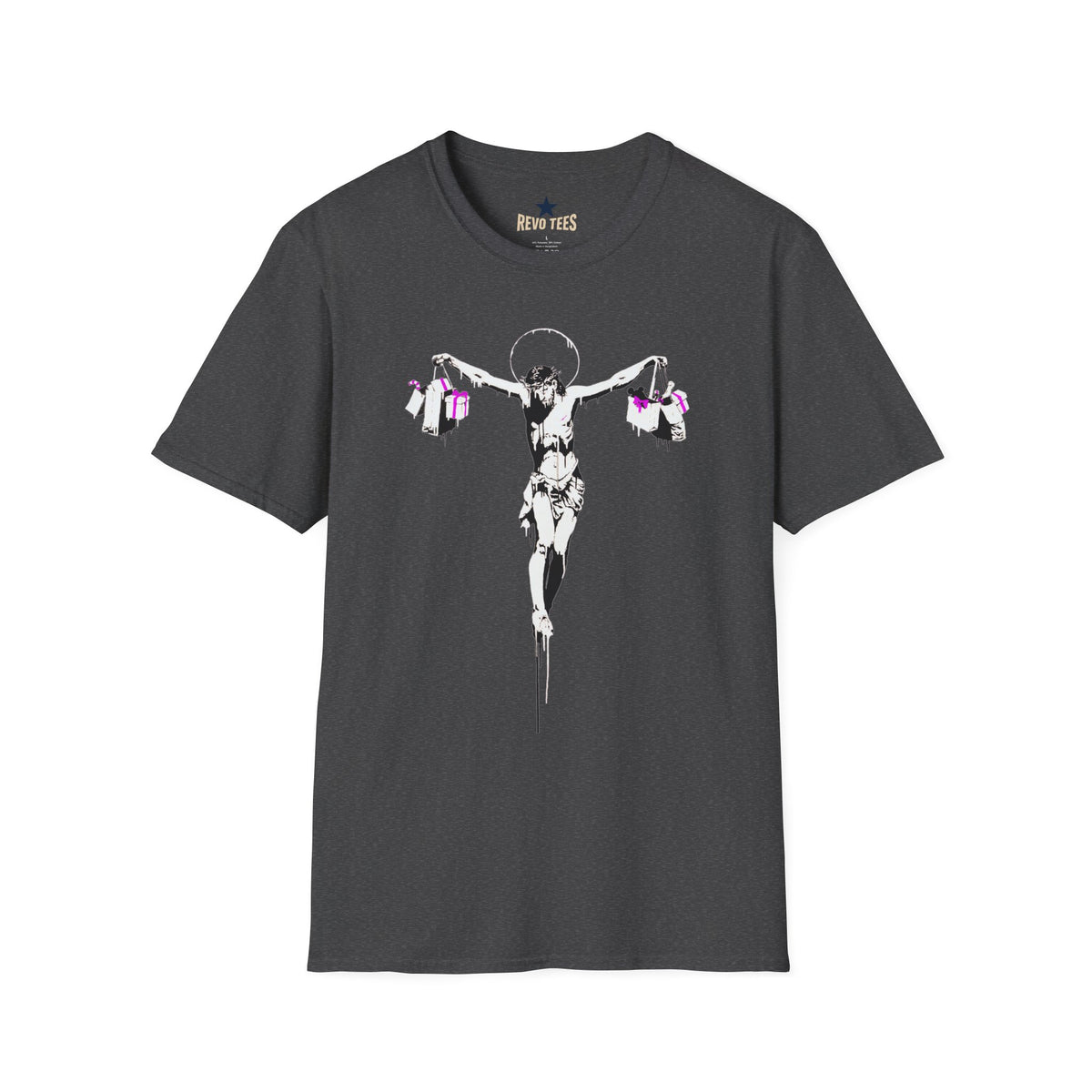 Revotees Banksy Crucifixion Balance Stenciled Jesus Holding Gift Bags Graphic T-Shirt - alternate view 7