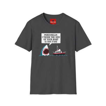 Shark Joke T-Shirt — "Personally, I Think the Size of Your Boat Is Just Fine" Graphic Tee