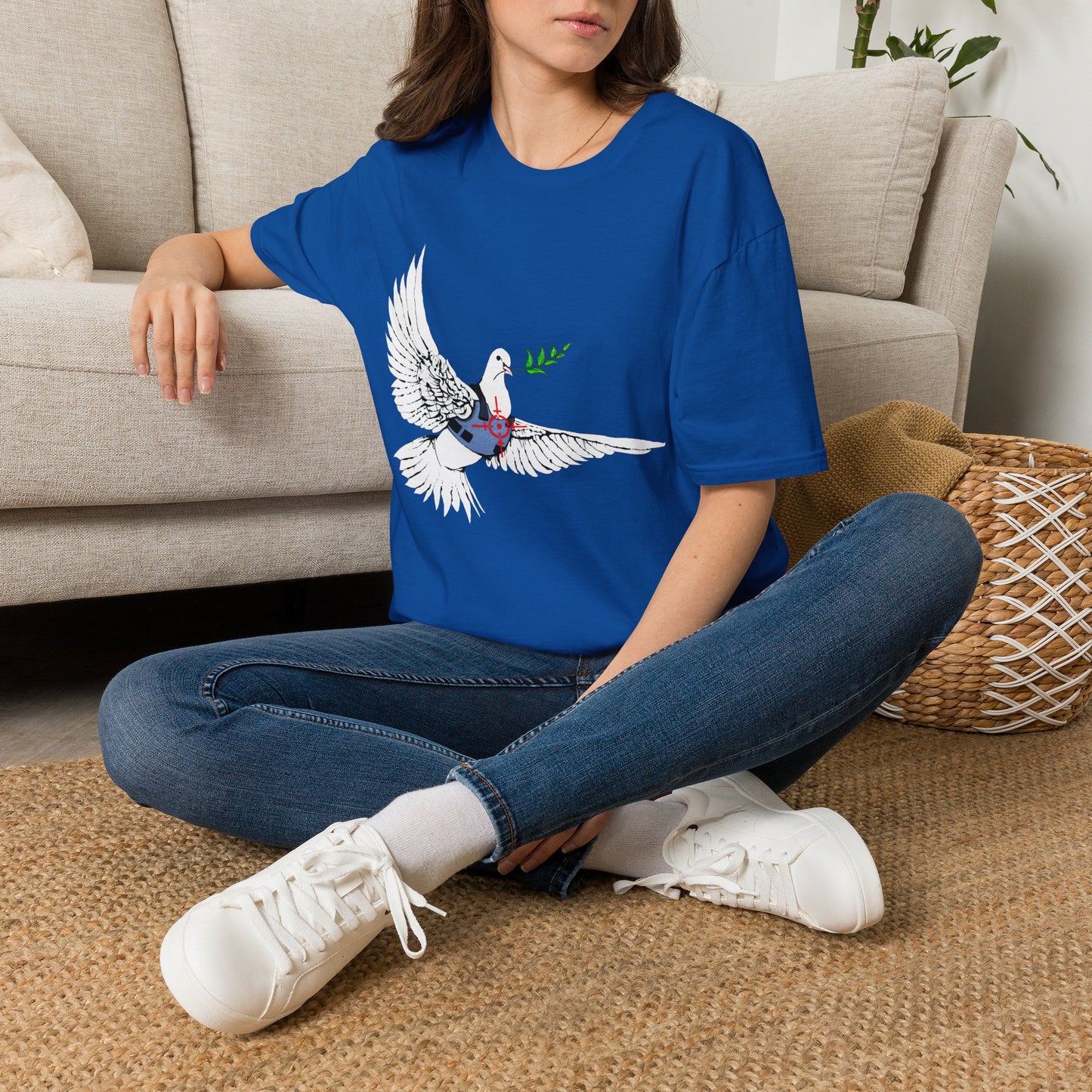 Banksy's Dove of Peace T‑Shirt — Flying Dove with Olive Branch & Earth Heart Graphic