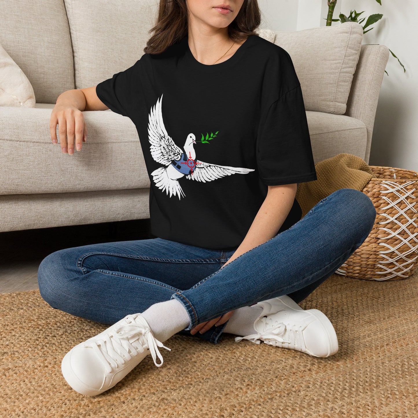 Banksy's Dove of Peace T‑Shirt — Flying Dove with Olive Branch & Earth Heart Graphic