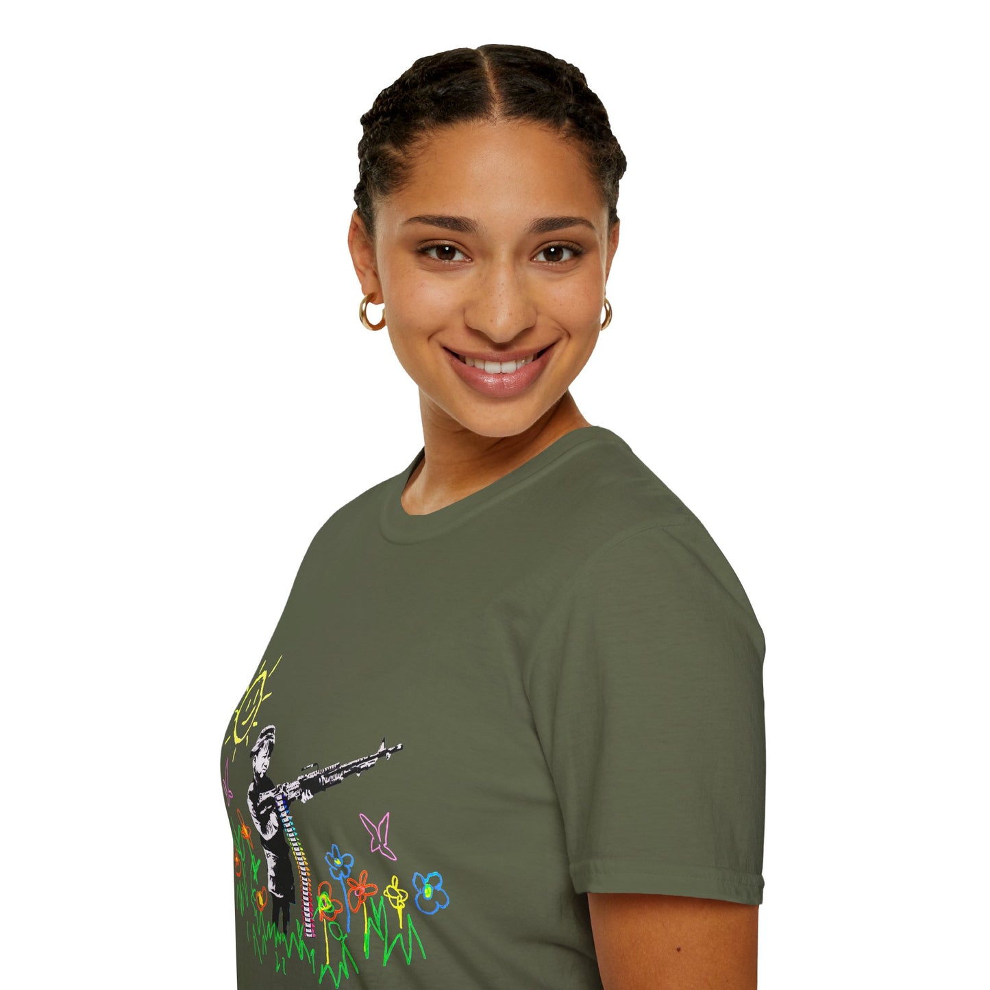 T-Shirt — Banksy Style Soldier with Childlike Doodle Flowers