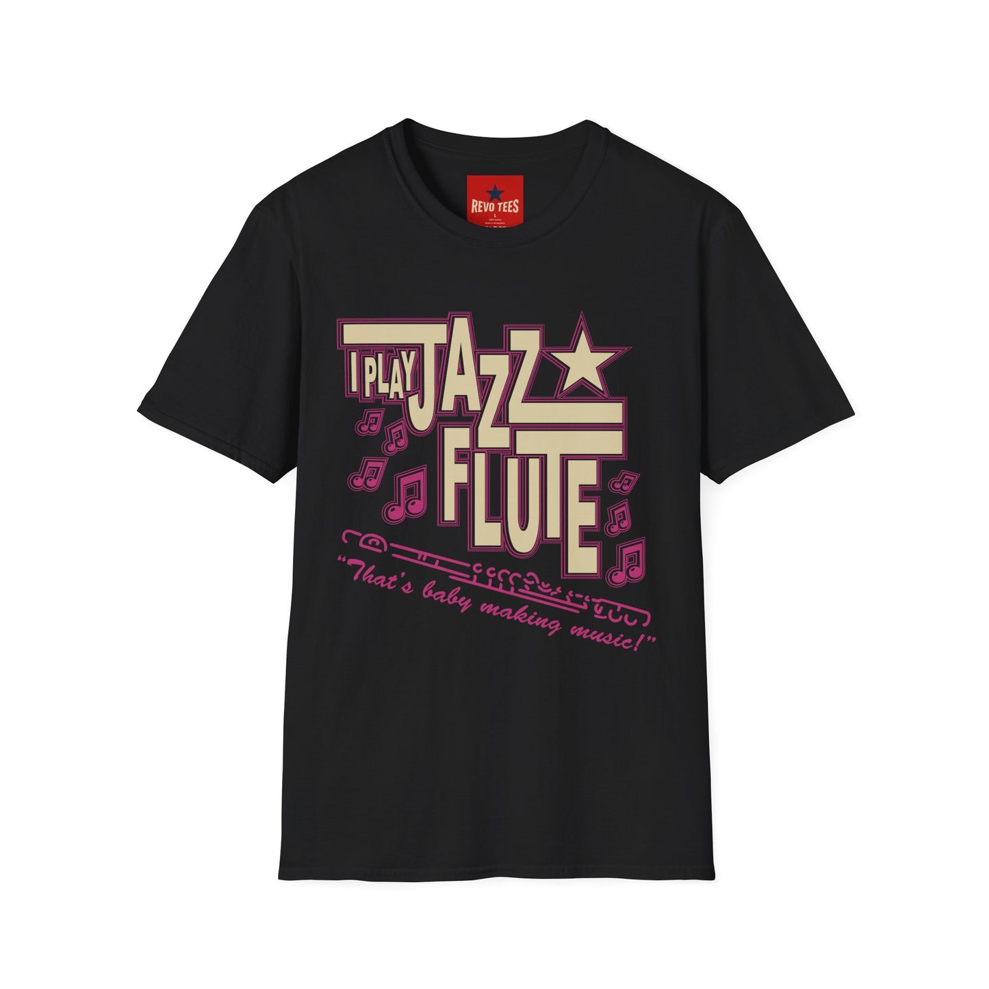 Jazz Flute Graphic Tee — Retro Musical Notes Shirt for Players & Fans
