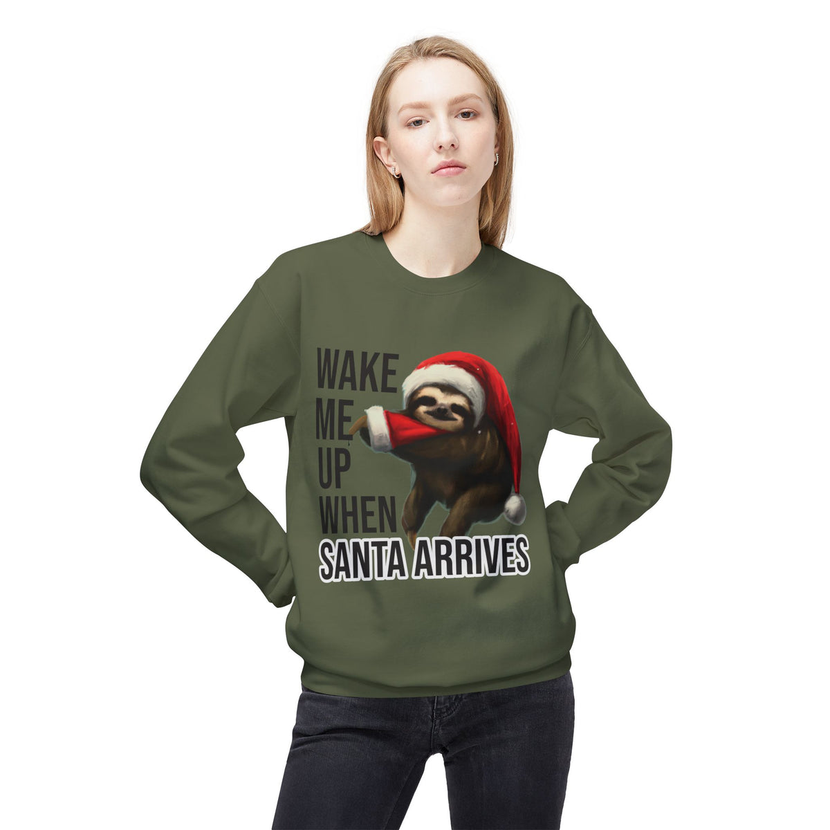 Sloth Santa Sweatshirt — "Wake Me Up When Santa Arrives" Holiday Crewneck