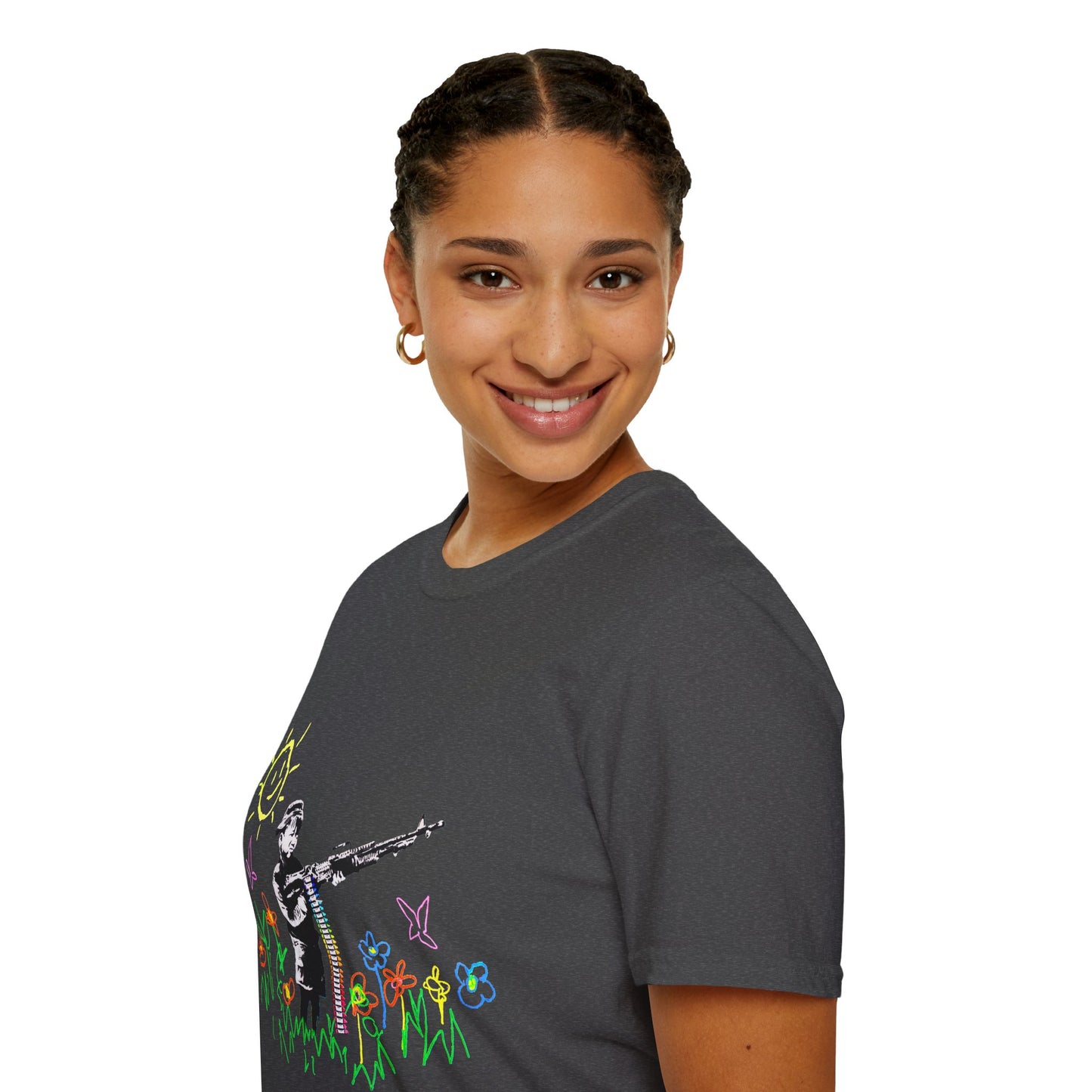 T-Shirt — Banksy Style Soldier with Childlike Doodle Flowers