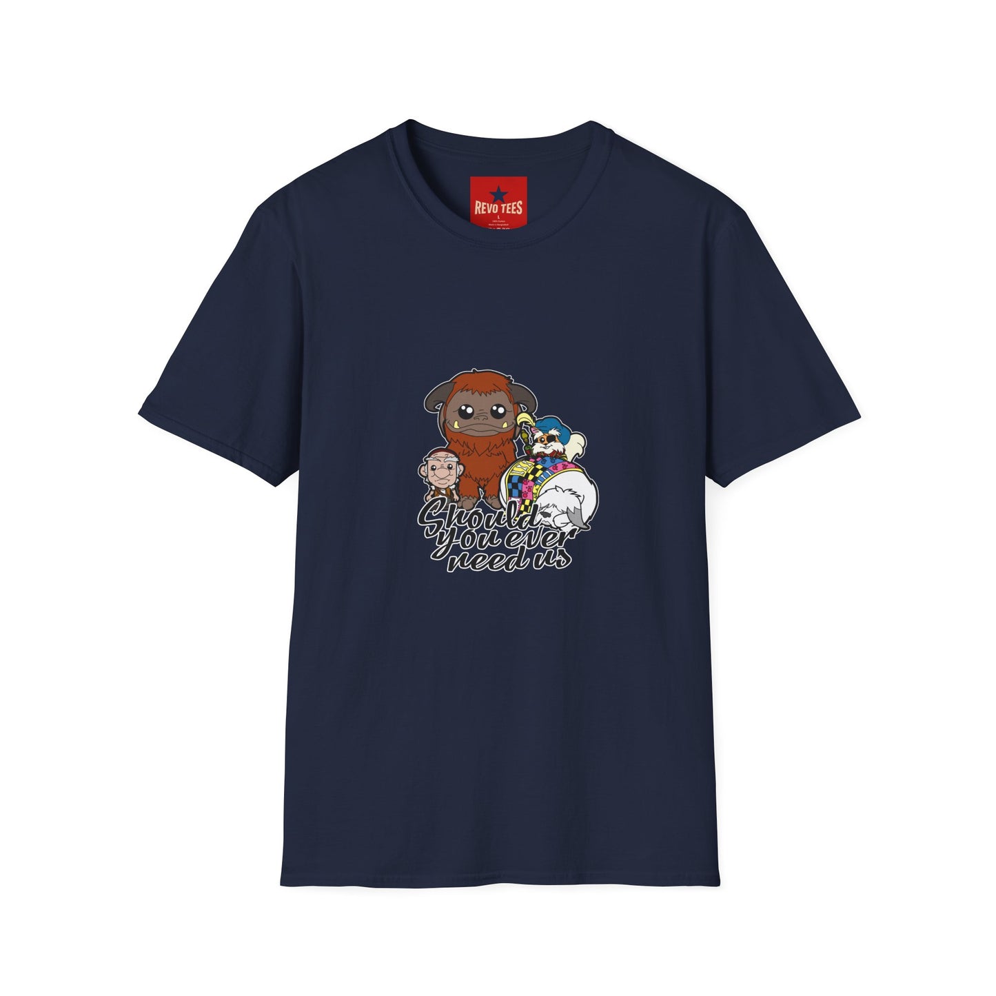 Cute Plush Creature T-Shirt — “Shoulder You Ever Need Us” Cartoon Group Tee