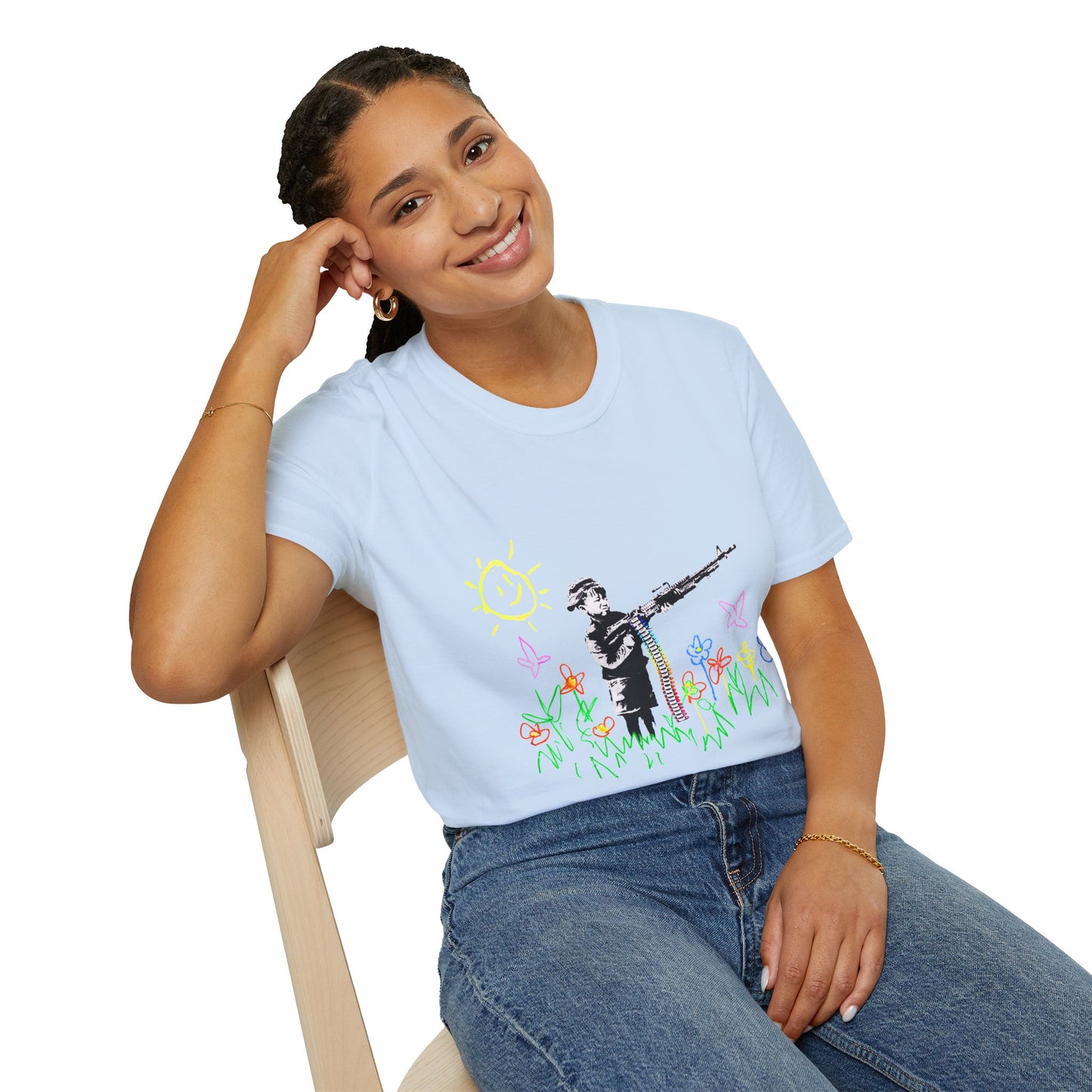 T-Shirt — Banksy Style Soldier with Childlike Doodle Flowers