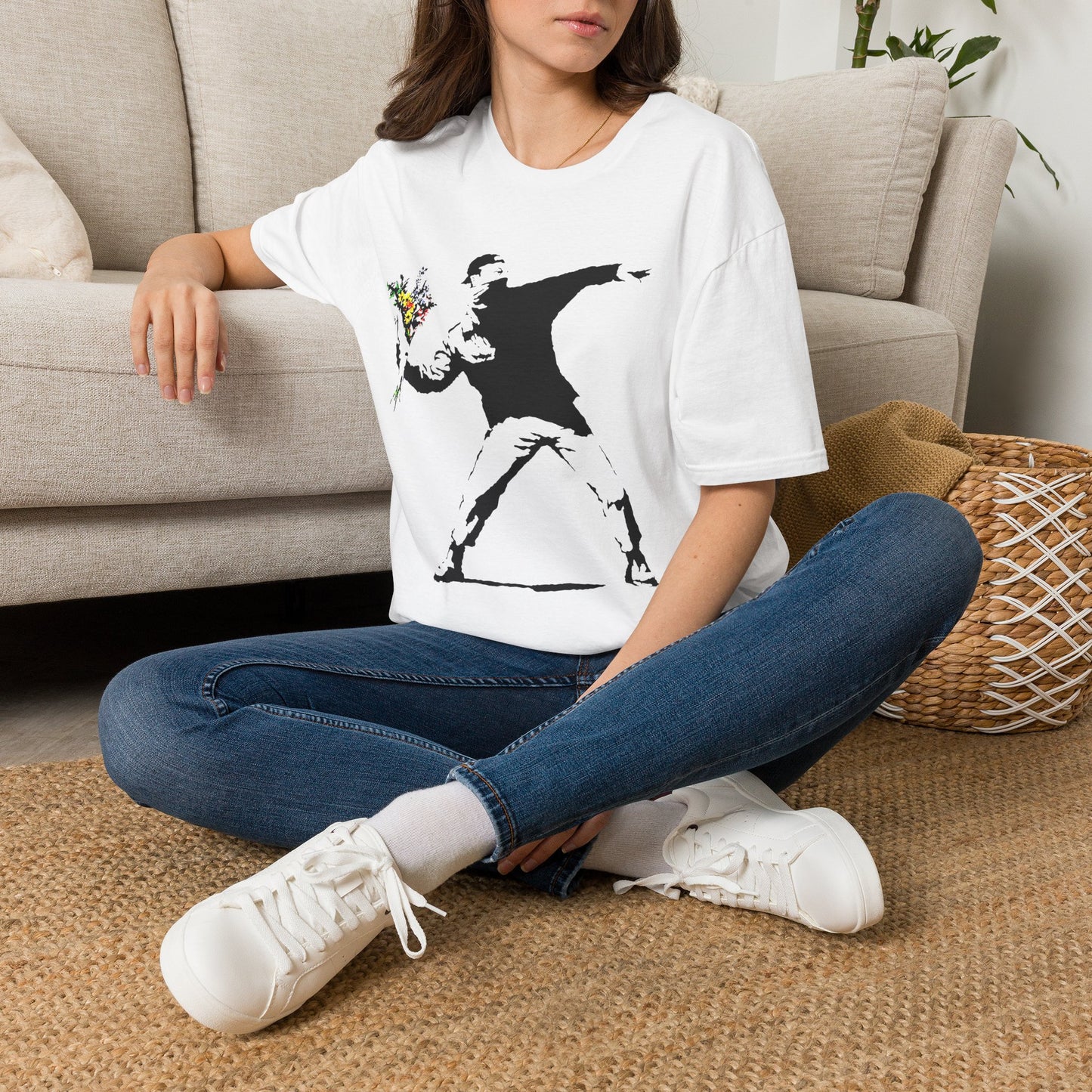 Banksy-Style Flower Bomber T-Shirt — Street Art Protest Graphic Tee