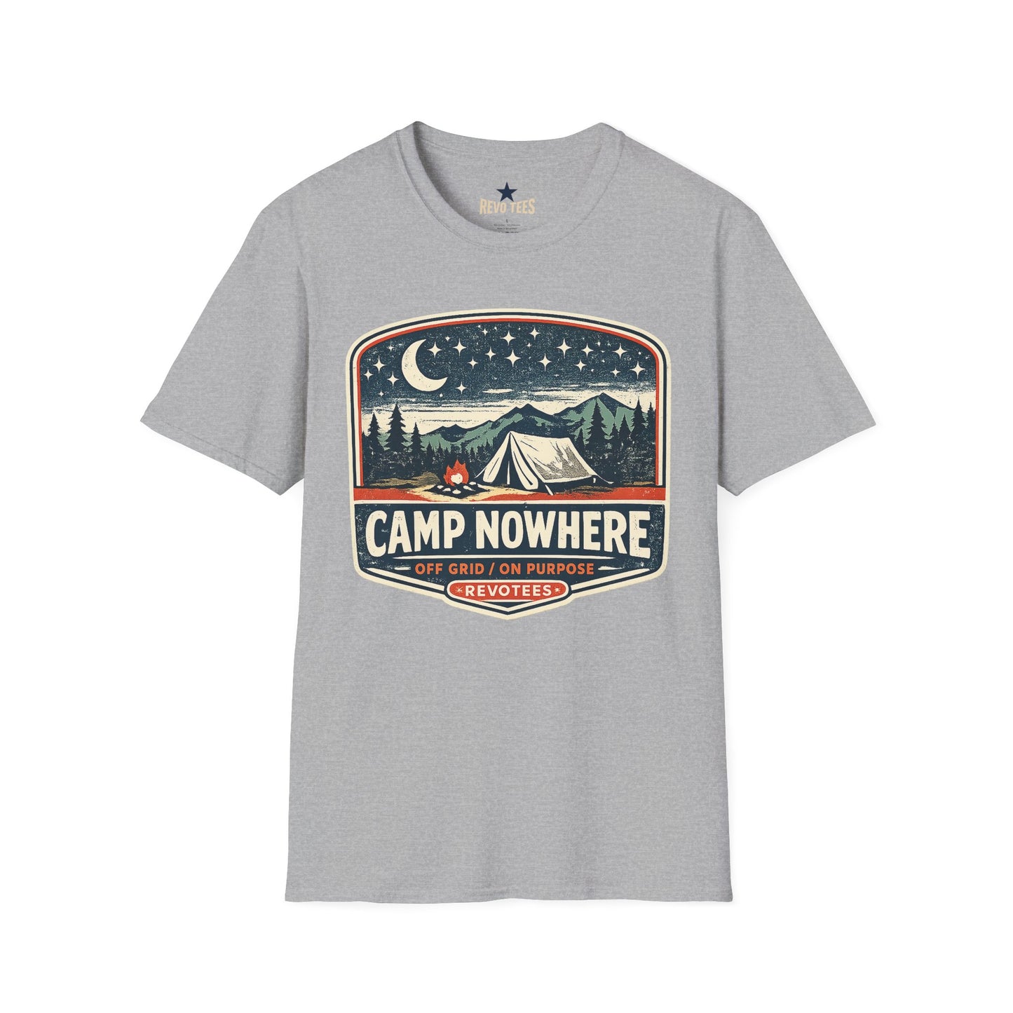 REVOTEES Camp Nowhere Vintage Camping T-Shirt — Starry Night Tent Graphic Tee