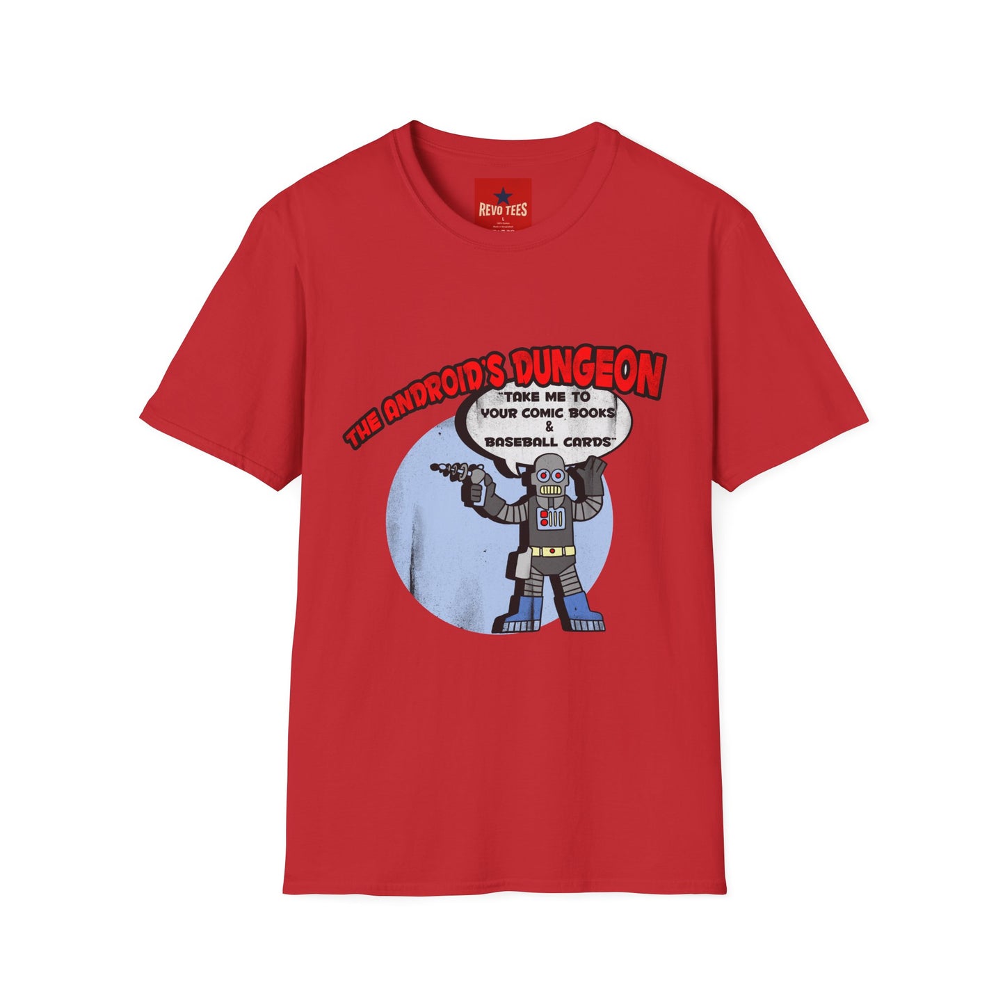 The Android's Dungeon T‑Shirt — 'Take Me to Your Comic Books & Baseball Cards' Retro Robot Tee