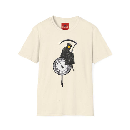 Banksy T‑Shirt — Grim Reaper Clock Graphic Tee (Smiley Mask)