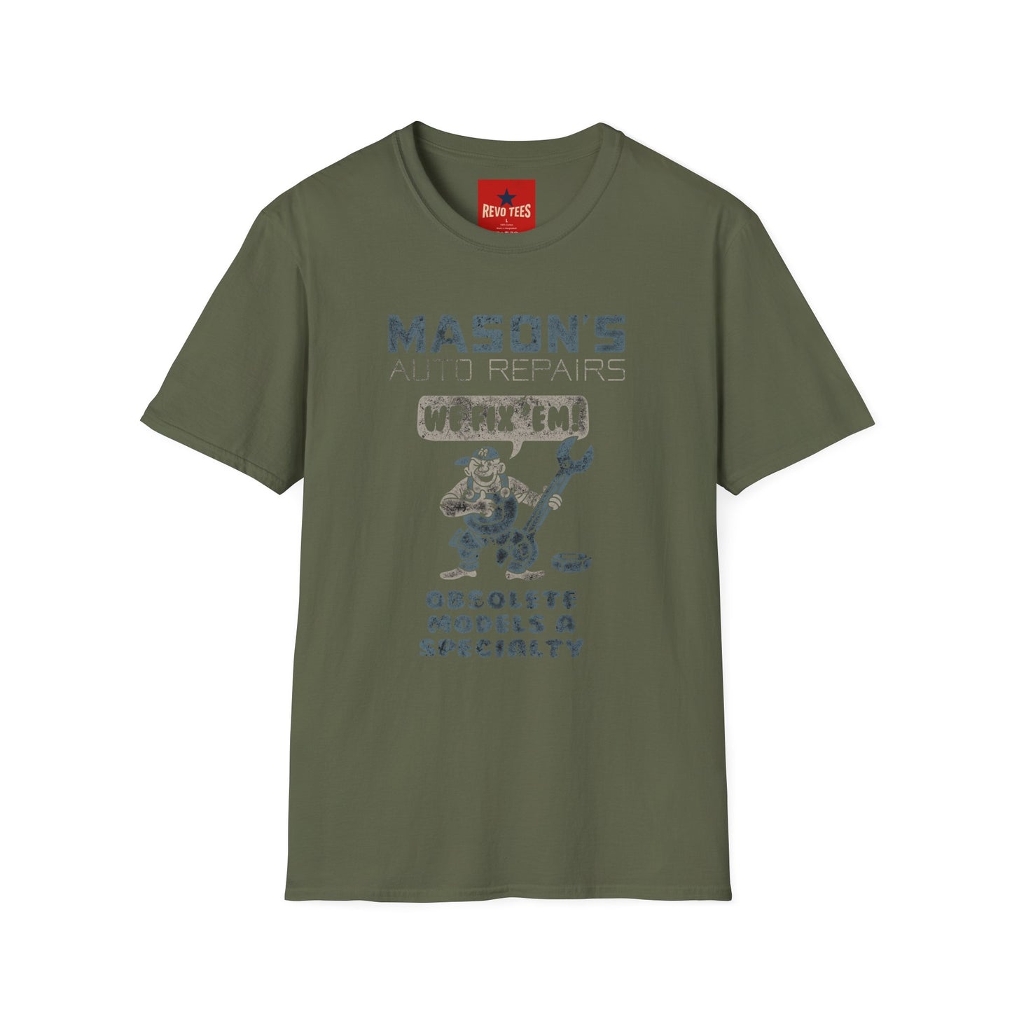 Mechanic Shop T‑Shirt — "Mason's Auto Repairs: We Fix 'Em" Vintage Garage Tee