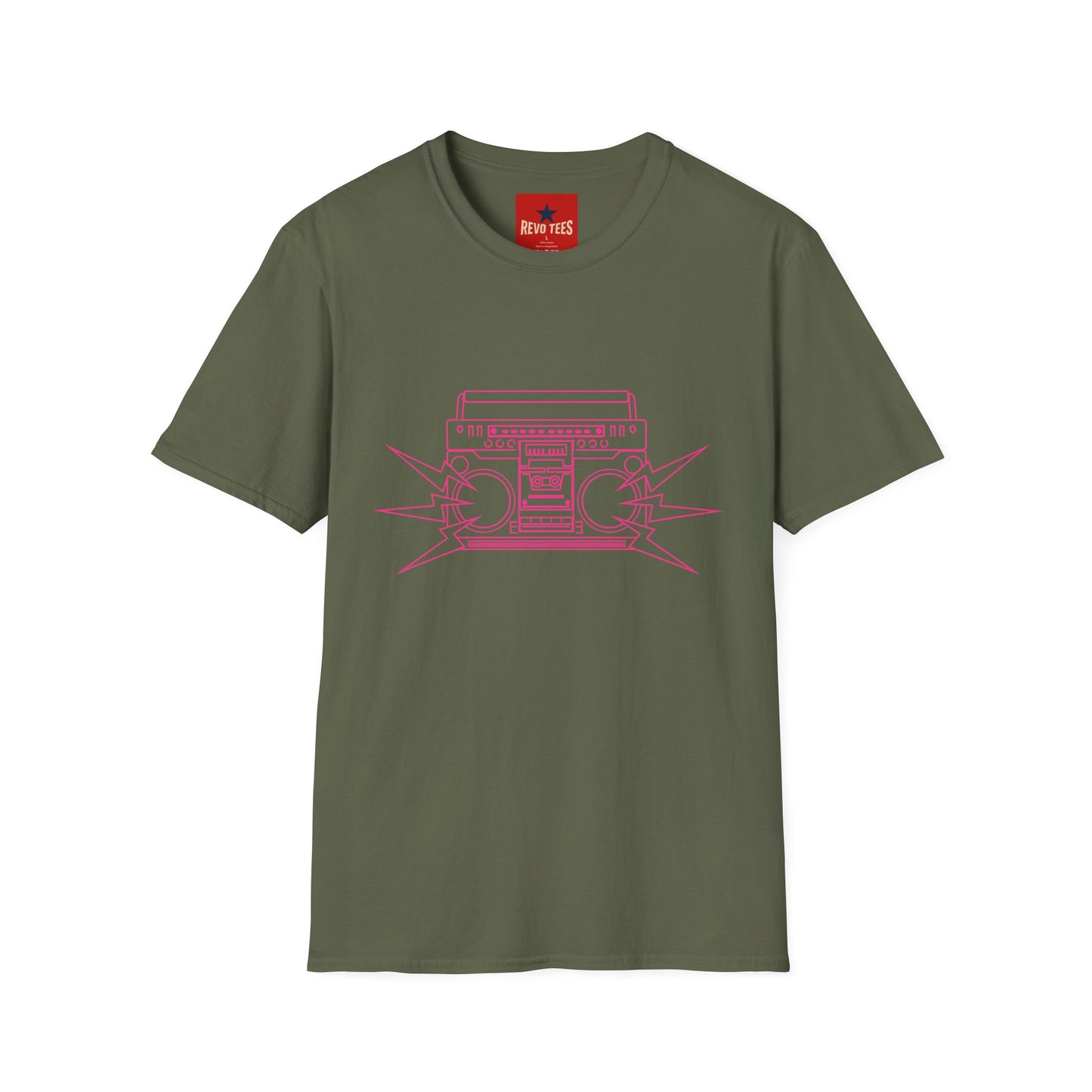 Retro Boombox Tee — Pink Line Art Vintage Radio Graphic T-Shirt