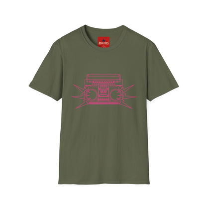 Retro Boombox Tee — Pink Line Art Vintage Radio Graphic T-Shirt