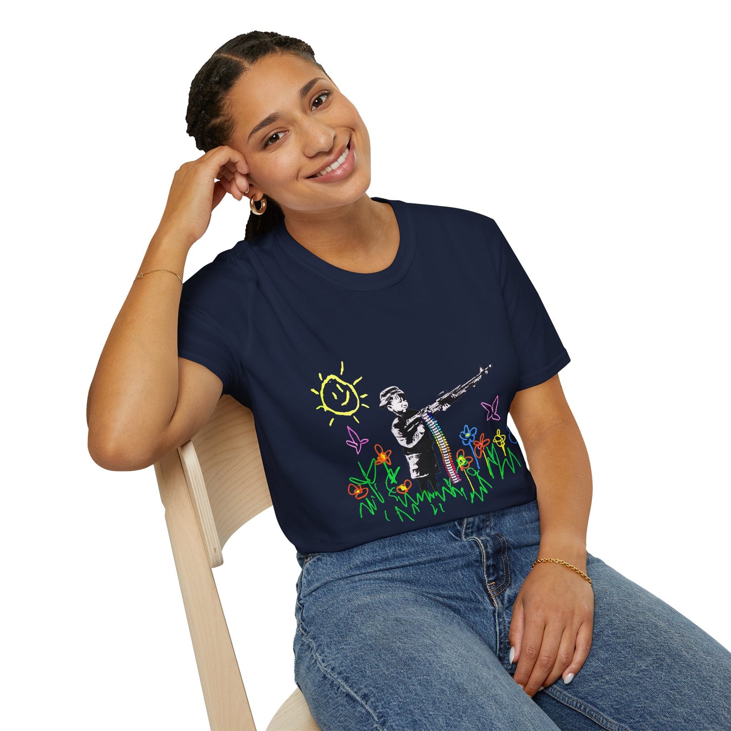 T-Shirt — Banksy Style Soldier with Childlike Doodle Flowers
