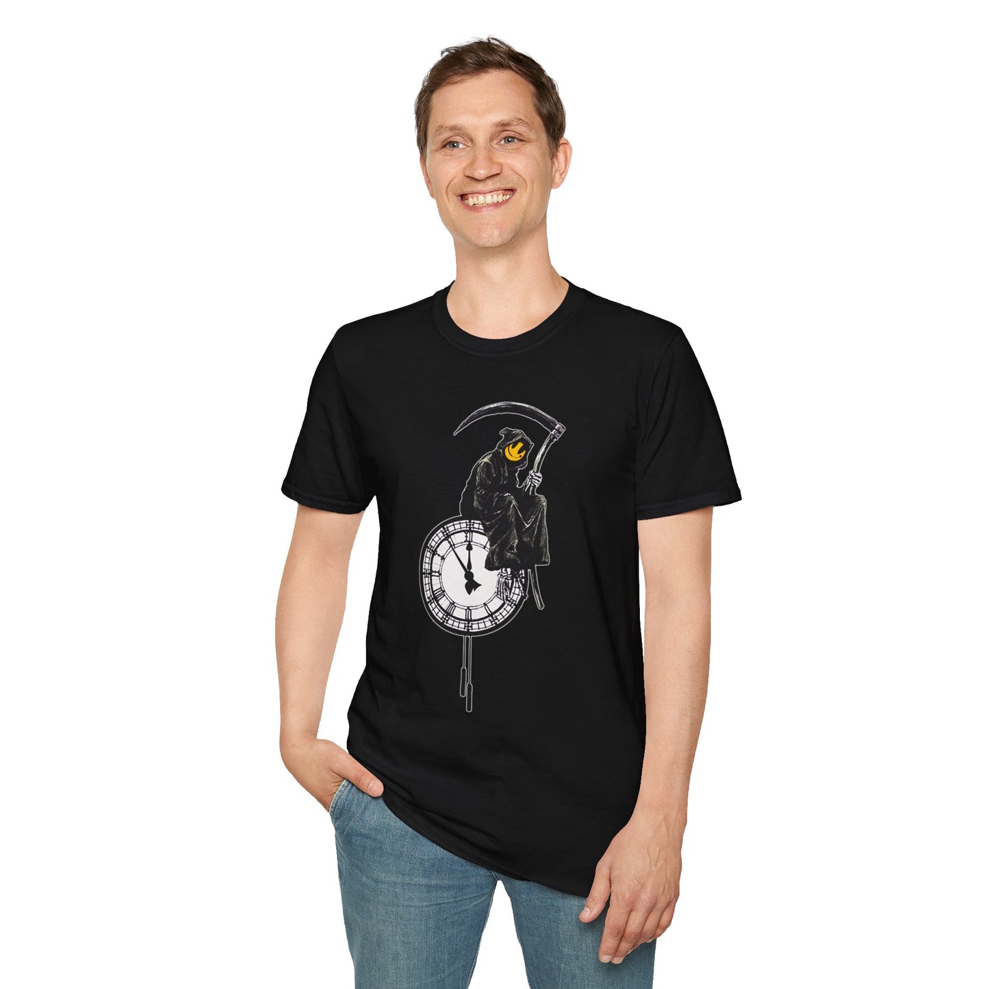 Banksy T‑Shirt — Grim Reaper Clock Graphic Tee (Smiley Mask)