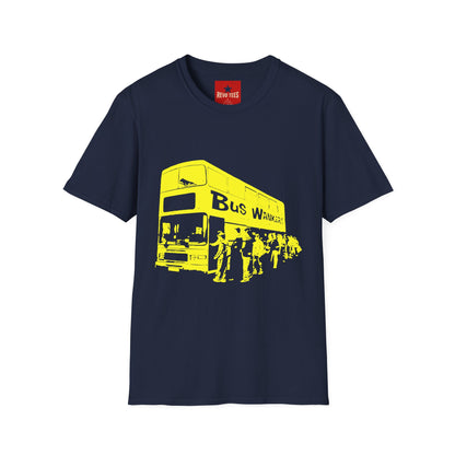 Bus Wankers Graphic T-Shirt — Retro Yellow Double-Decker Design