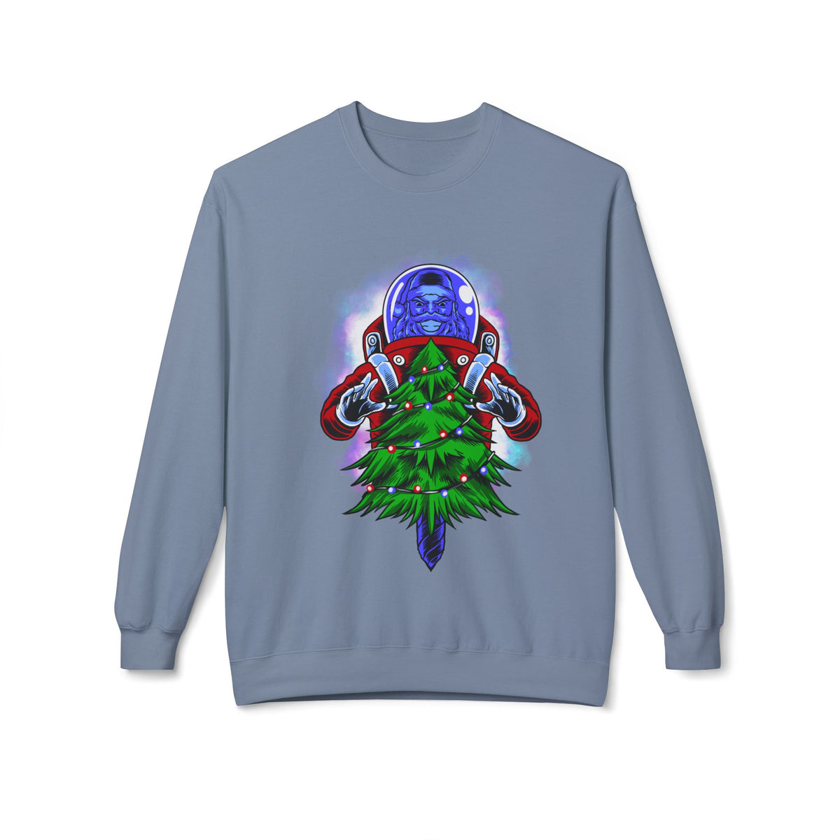 Astronaut Santa Pouncing on a Christmas Tree Crewneck Sweatshirt