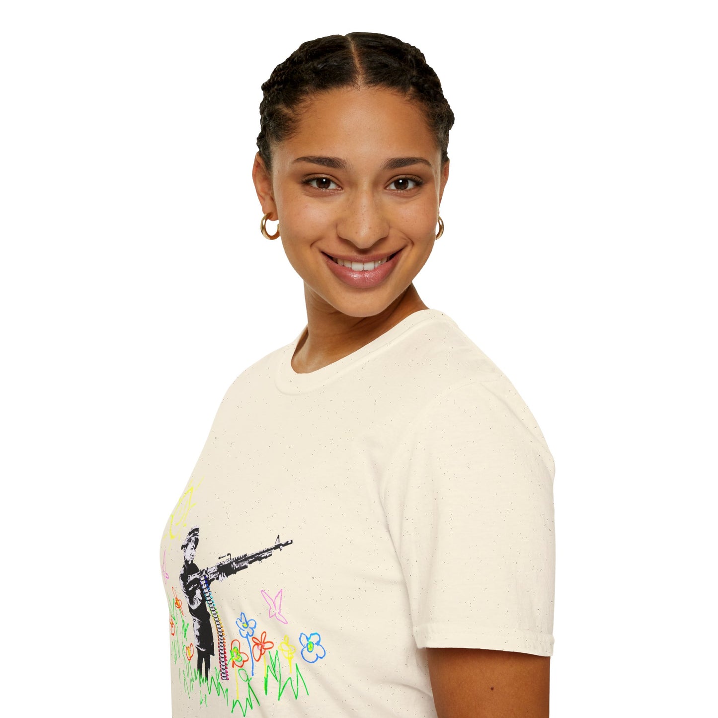 T-Shirt — Banksy Style Soldier with Childlike Doodle Flowers