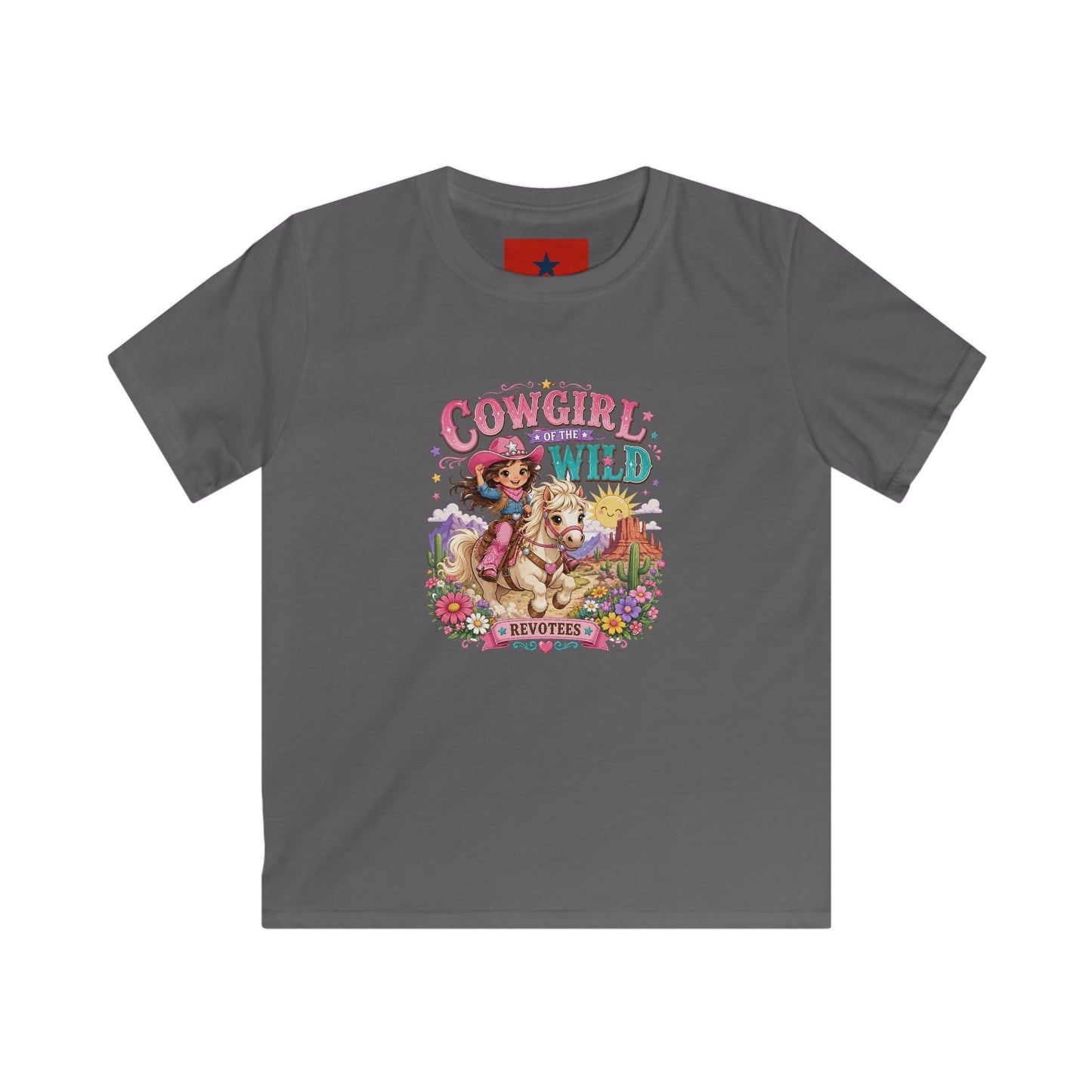 Kids Tee — "Cowgirl at Heart" Colorful Western Graphic (Cowgirl & Wild Print)