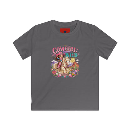 Kids Tee — "Cowgirl at Heart" Colorful Western Graphic (Cowgirl & Wild Print)