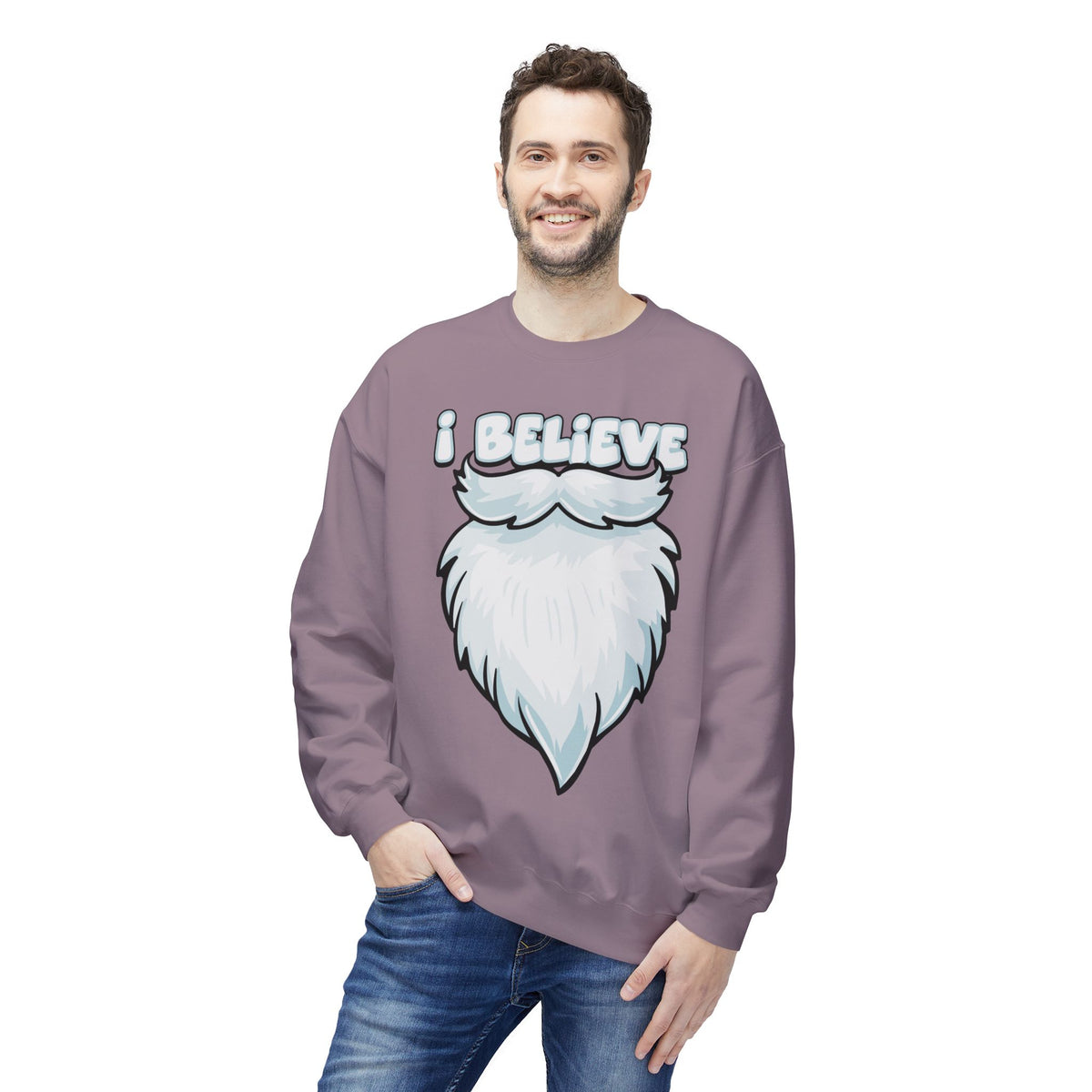 "I Believe" Santa Beard Holiday Crewneck Sweatshirt