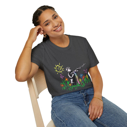 T-Shirt — Banksy Style Soldier with Childlike Doodle Flowers