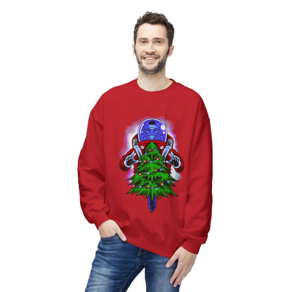 Astronaut Santa Pouncing on a Christmas Tree Crewneck Sweatshirt