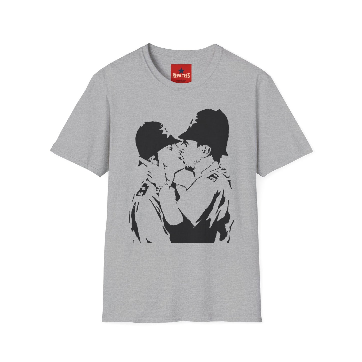 Banksy - Kissing Policemen Graphic T‑Shirt — Vintage Stencil Couple Print
