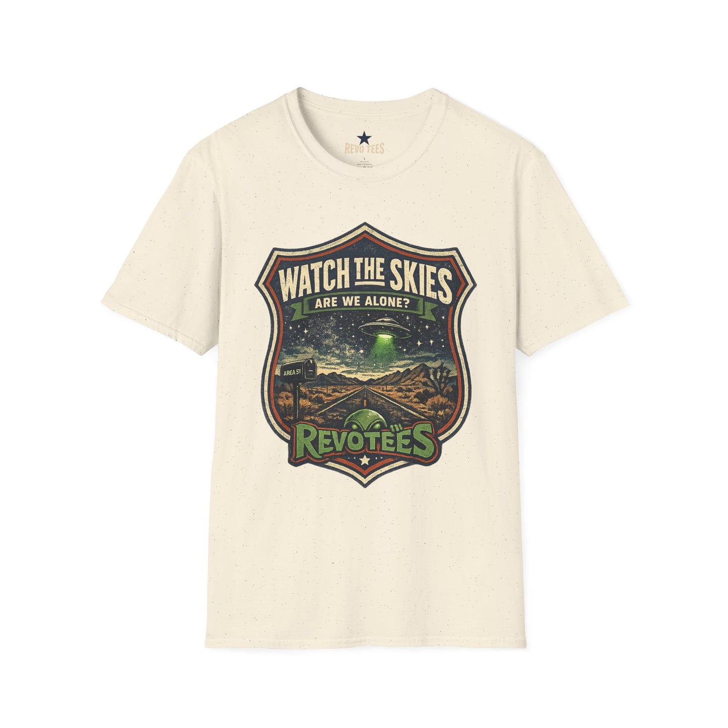 REVOTEES Watch the Skies T‑Shirt — “Are We Alone?” UFO Retro Graphic Tee