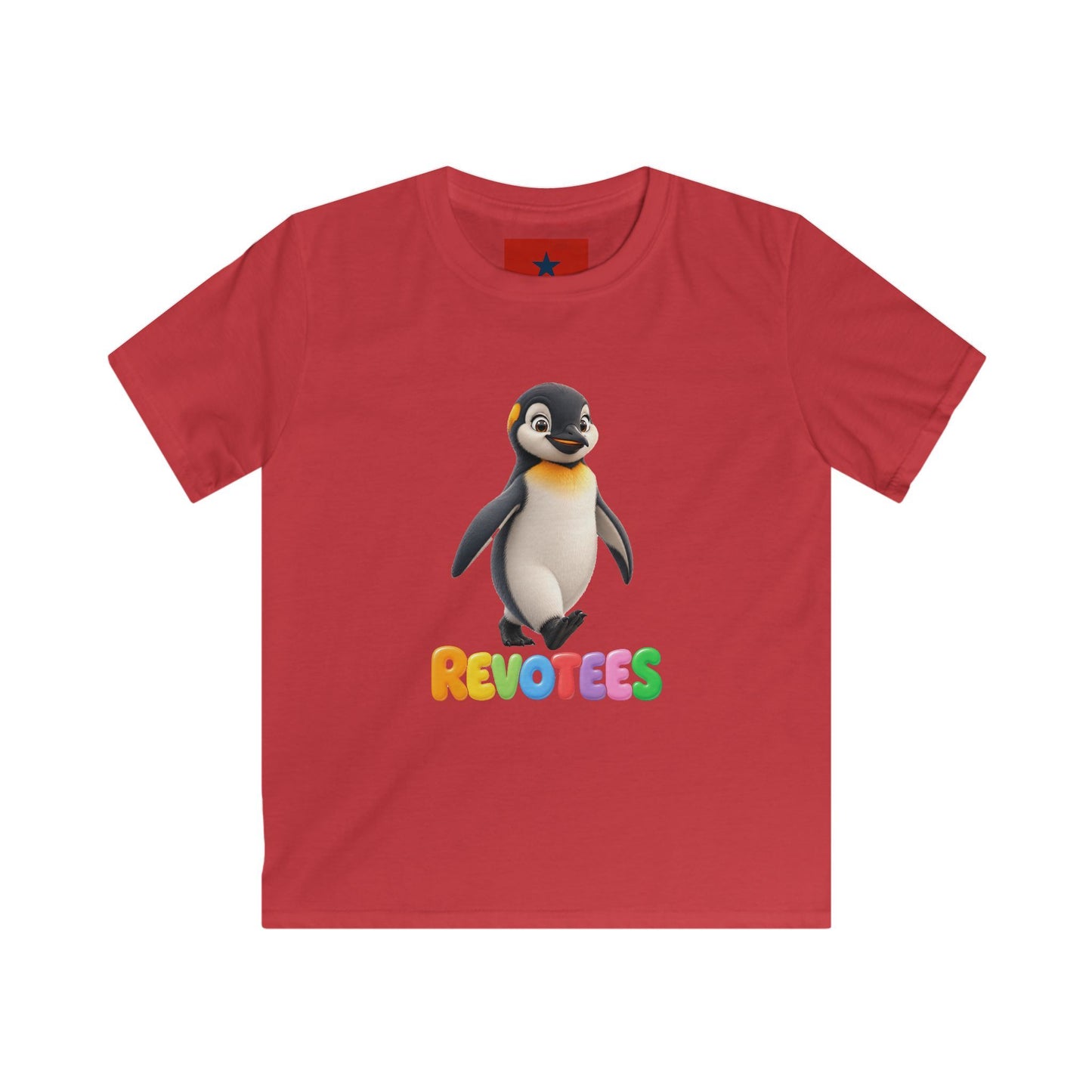 Kids Tee — Cute Pebble Penguin “REVOTEES” Colorful Logo