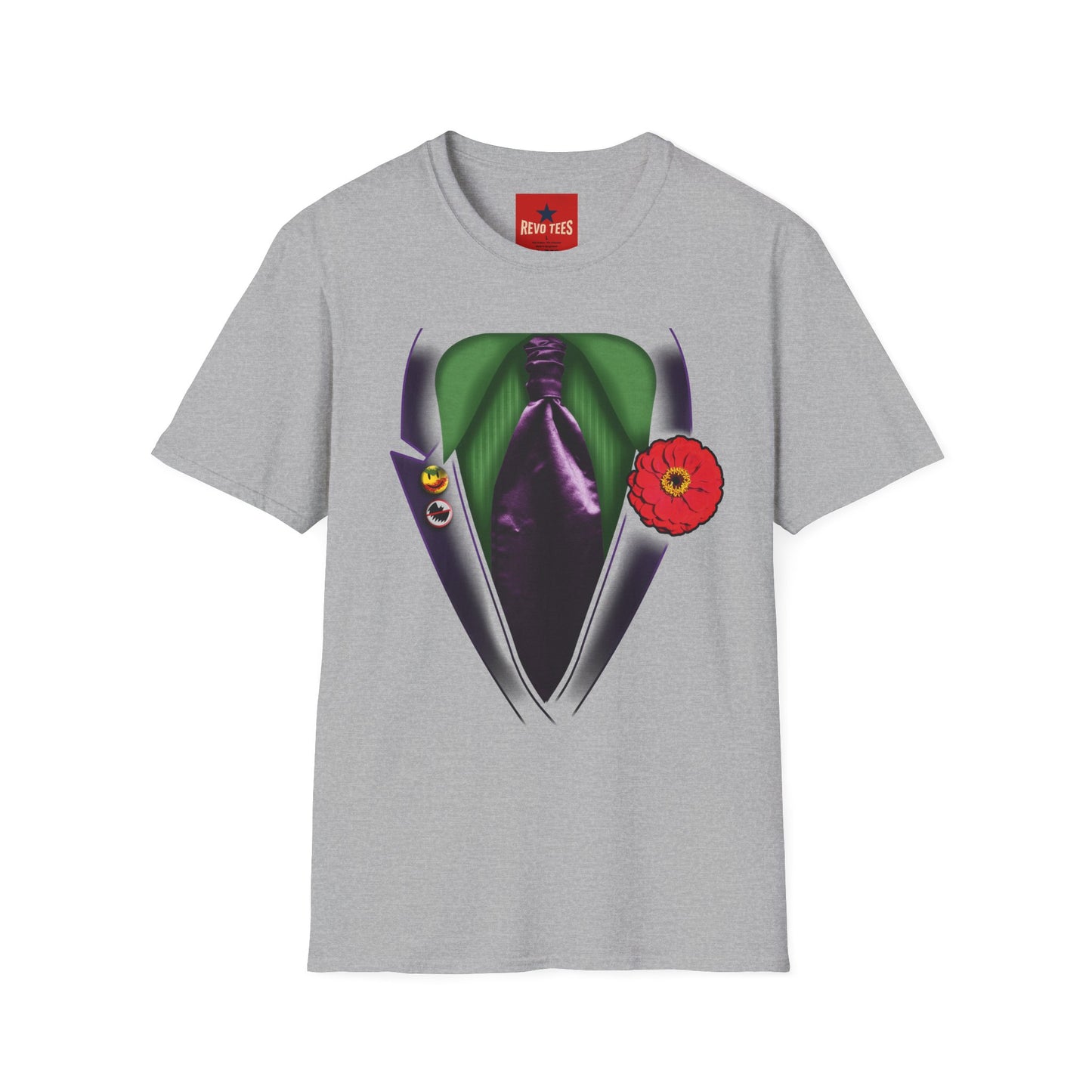 Joker Suit T‑Shirt — Green Vest, Purple Tie & Poppy Graphic Tee