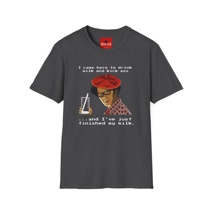 Graphic T‑Shirt — "I Came Here to Drink Milk and Kick Ass" Retro Pixel Design