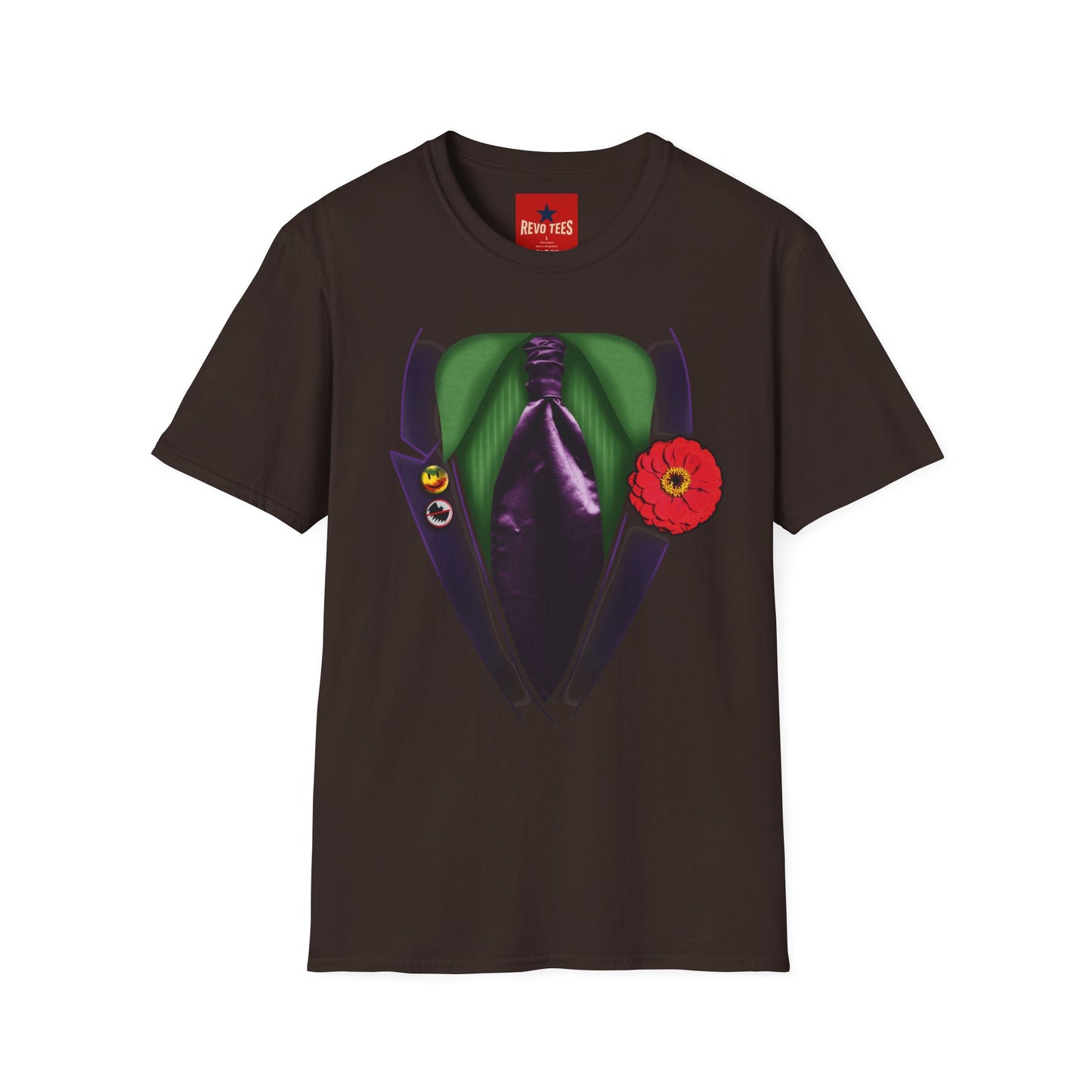 Joker Suit T‑Shirt — Green Vest, Purple Tie & Poppy Graphic Tee