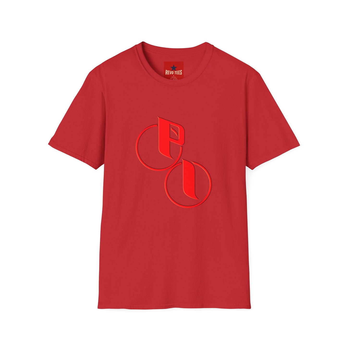 Parker Industries Graphic Tee — Red Circular Monogram Design