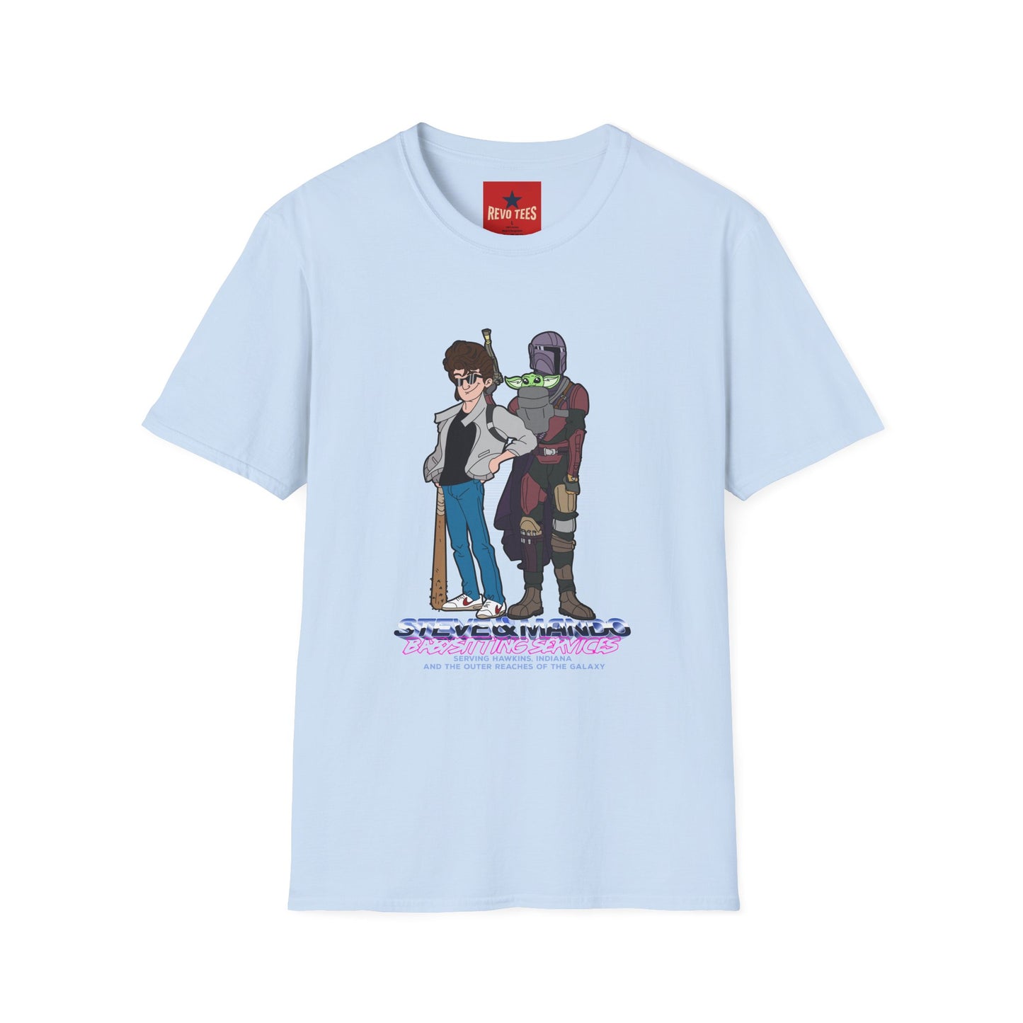 Retro Space Duo T‑Shirt — Cartoon Bounty Hunter & Kid Graphic Tee