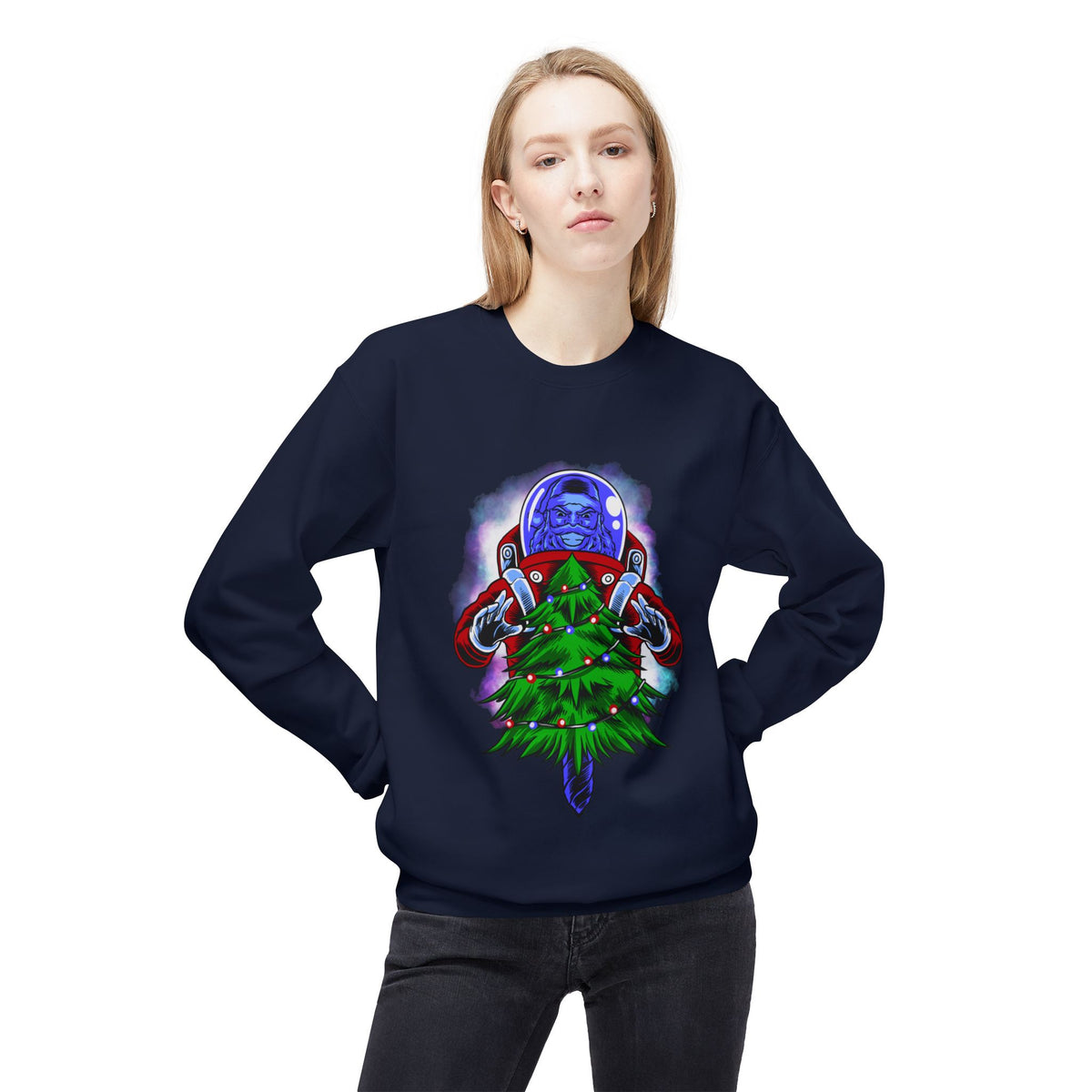 Astronaut Santa Pouncing on a Christmas Tree Crewneck Sweatshirt